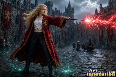 Sorceress on the red-stone battlements with her wand raised as a lion of lightning roars out of the storm clouds