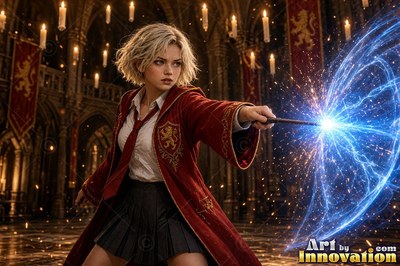 A young sorceress in scarlet and gold robes throws up a shield of light beneath the floating candles of the great hall
