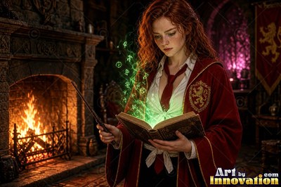 Acolyte of the House of the Lions crossing the castle bridge at night beside a guardian lion made of glowing light