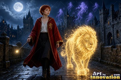 Young woman with a gold lion crest on her robe reading a glowing spell book beside the hearth of the tower common room