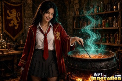 Sorceress on the red-stone battlements with her wand raised as a lion of lightning roars out of the storm clouds