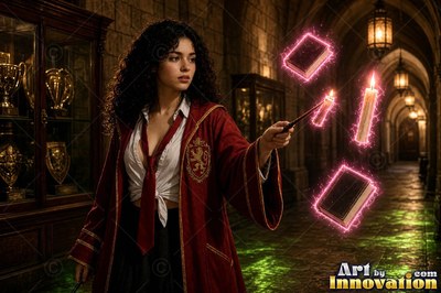 A young sorceress in scarlet and gold robes throws up a shield of light beneath the floating candles of the great hall