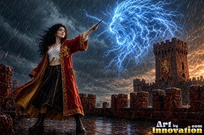 Acolyte of the House of the Lions crossing the castle bridge at night beside a guardian lion made of glowing light