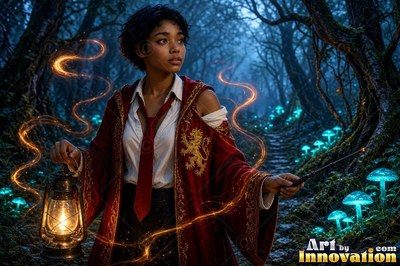 Sorceress on the red-stone battlements with her wand raised as a lion of lightning roars out of the storm clouds