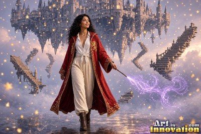A young sorceress in scarlet and gold robes throws up a shield of light beneath the floating candles of the great hall