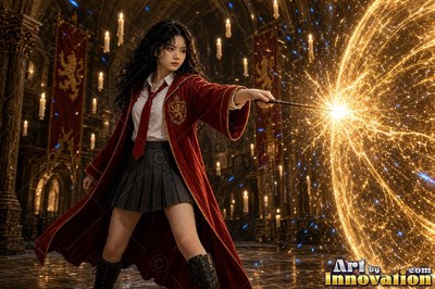 Young woman with a gold lion crest on her robe reading a glowing spell book beside the hearth of the tower common room