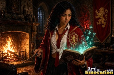 Sorceress on the red-stone battlements with her wand raised as a lion of lightning roars out of the storm clouds