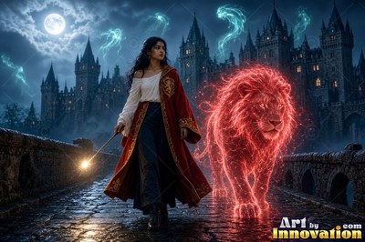 A young sorceress in scarlet and gold robes throws up a shield of light beneath the floating candles of the great hall