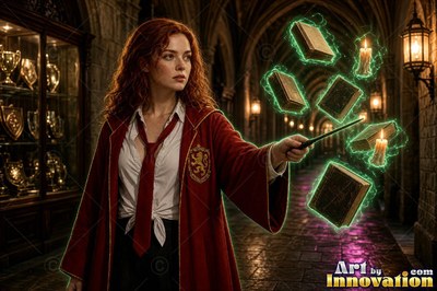 Young woman with a gold lion crest on her robe reading a glowing spell book beside the hearth of the tower common room