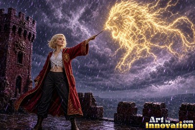 Sorceress on the red-stone battlements with her wand raised as a lion of lightning roars out of the storm clouds