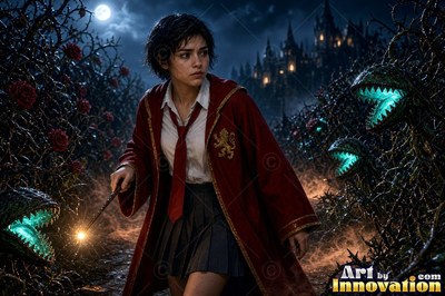 A young sorceress in scarlet and gold robes throws up a shield of light beneath the floating candles of the great hall