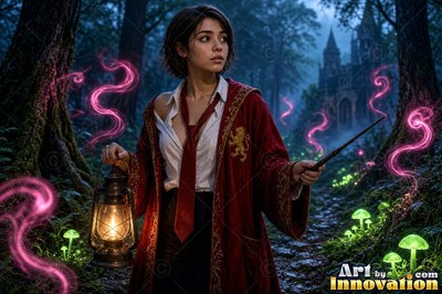 Acolyte of the House of the Lions crossing the castle bridge at night beside a guardian lion made of glowing light