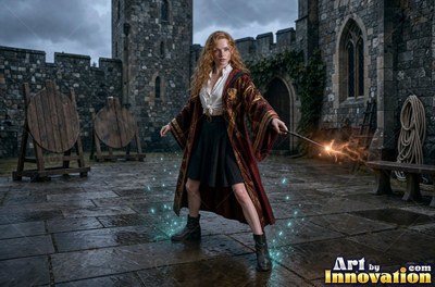 Sorceress on the red-stone battlements with her wand raised as a lion of lightning roars out of the storm clouds