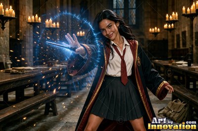 A young sorceress in scarlet and gold robes throws up a shield of light beneath the floating candles of the great hall