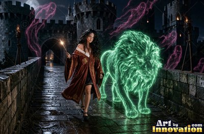 Young woman with a gold lion crest on her robe reading a glowing spell book beside the hearth of the tower common room