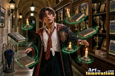 A young sorceress in scarlet and gold robes throws up a shield of light beneath the floating candles of the great hall