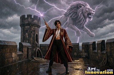 Acolyte of the House of the Lions crossing the castle bridge at night beside a guardian lion made of glowing light