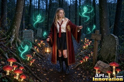Sorceress on the red-stone battlements with her wand raised as a lion of lightning roars out of the storm clouds