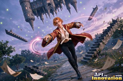 A young sorceress in scarlet and gold robes throws up a shield of light beneath the floating candles of the great hall