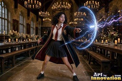 Young woman with a gold lion crest on her robe reading a glowing spell book beside the hearth of the tower common room