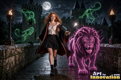 A young sorceress in scarlet and gold robes throws up a shield of light beneath the floating candles of the great hall