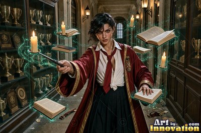 Young woman with a gold lion crest on her robe reading a glowing spell book beside the hearth of the tower common room