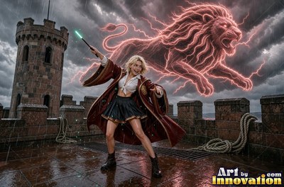 Sorceress on the red-stone battlements with her wand raised as a lion of lightning roars out of the storm clouds