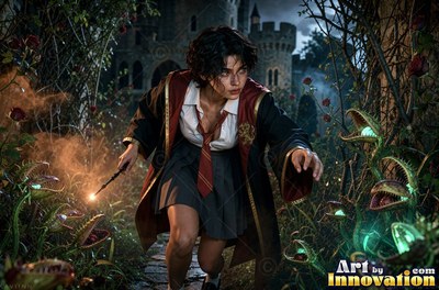 A young sorceress in scarlet and gold robes throws up a shield of light beneath the floating candles of the great hall