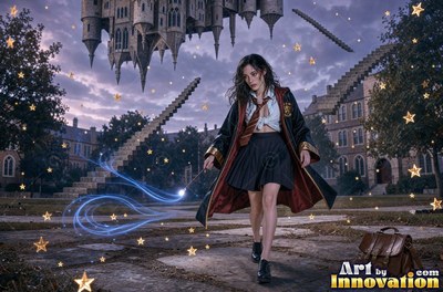 Young woman with a gold lion crest on her robe reading a glowing spell book beside the hearth of the tower common room