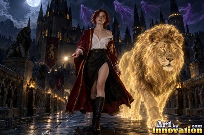 A young sorceress in scarlet and gold robes throws up a shield of light beneath the floating candles of the great hall