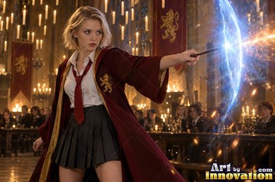 Young woman with a gold lion crest on her robe reading a glowing spell book beside the hearth of the tower common room