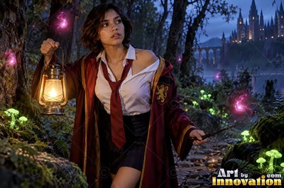 A young sorceress in scarlet and gold robes throws up a shield of light beneath the floating candles of the great hall