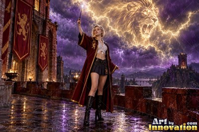 Young woman with a gold lion crest on her robe reading a glowing spell book beside the hearth of the tower common room