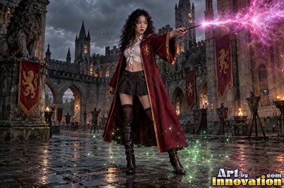 Young woman with a gold lion crest on her robe reading a glowing spell book beside the hearth of the tower common room