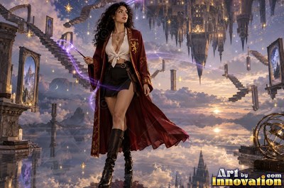 Sorceress on the red-stone battlements with her wand raised as a lion of lightning roars out of the storm clouds