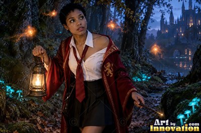 A young sorceress in scarlet and gold robes throws up a shield of light beneath the floating candles of the great hall