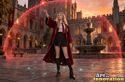 Sorceress on the red-stone battlements with her wand raised as a lion of lightning roars out of the storm clouds