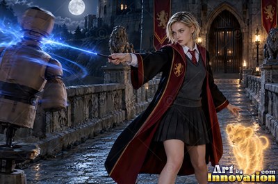 A young sorceress in scarlet and gold robes throws up a shield of light beneath the floating candles of the great hall
