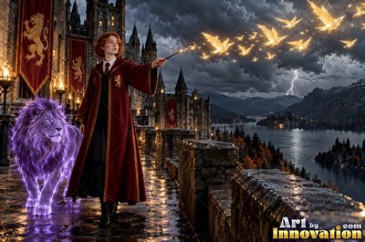 Young woman with a gold lion crest on her robe reading a glowing spell book beside the hearth of the tower common room