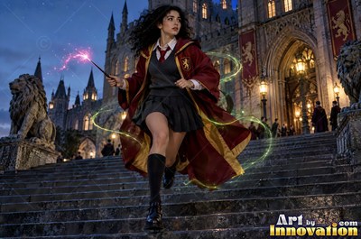 A young sorceress in scarlet and gold robes throws up a shield of light beneath the floating candles of the great hall