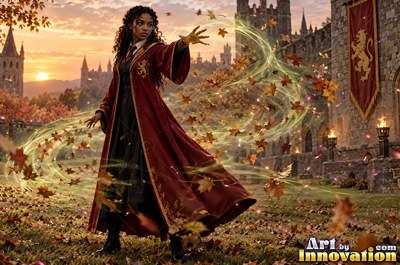 Young woman with a gold lion crest on her robe reading a glowing spell book beside the hearth of the tower common room