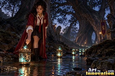 Sorceress on the red-stone battlements with her wand raised as a lion of lightning roars out of the storm clouds