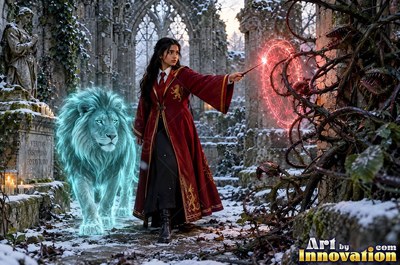 A young sorceress in scarlet and gold robes throws up a shield of light beneath the floating candles of the great hall