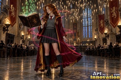 Young woman with a gold lion crest on her robe reading a glowing spell book beside the hearth of the tower common room