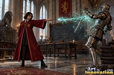 A young sorceress in scarlet and gold robes throws up a shield of light beneath the floating candles of the great hall
