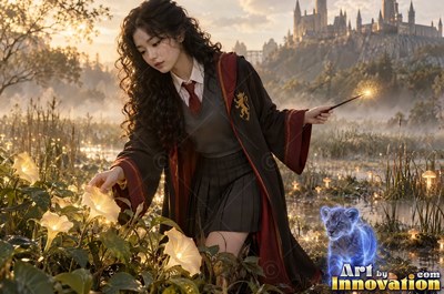 Sorceress on the red-stone battlements with her wand raised as a lion of lightning roars out of the storm clouds