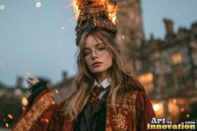 Sorceress on the red-stone battlements with her wand raised as a lion of lightning roars out of the storm clouds