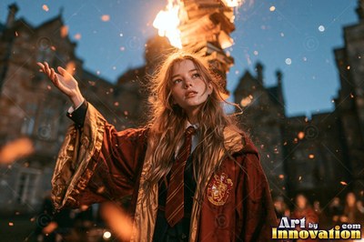 A young sorceress in scarlet and gold robes throws up a shield of light beneath the floating candles of the great hall