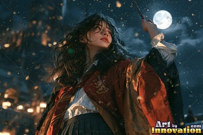 Sorceress on the red-stone battlements with her wand raised as a lion of lightning roars out of the storm clouds