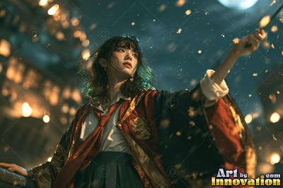 A young sorceress in scarlet and gold robes throws up a shield of light beneath the floating candles of the great hall